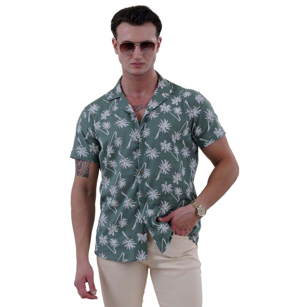 Leaf Green White Palm Digital Print Camp Collar Men's Short Sleeves Shirt