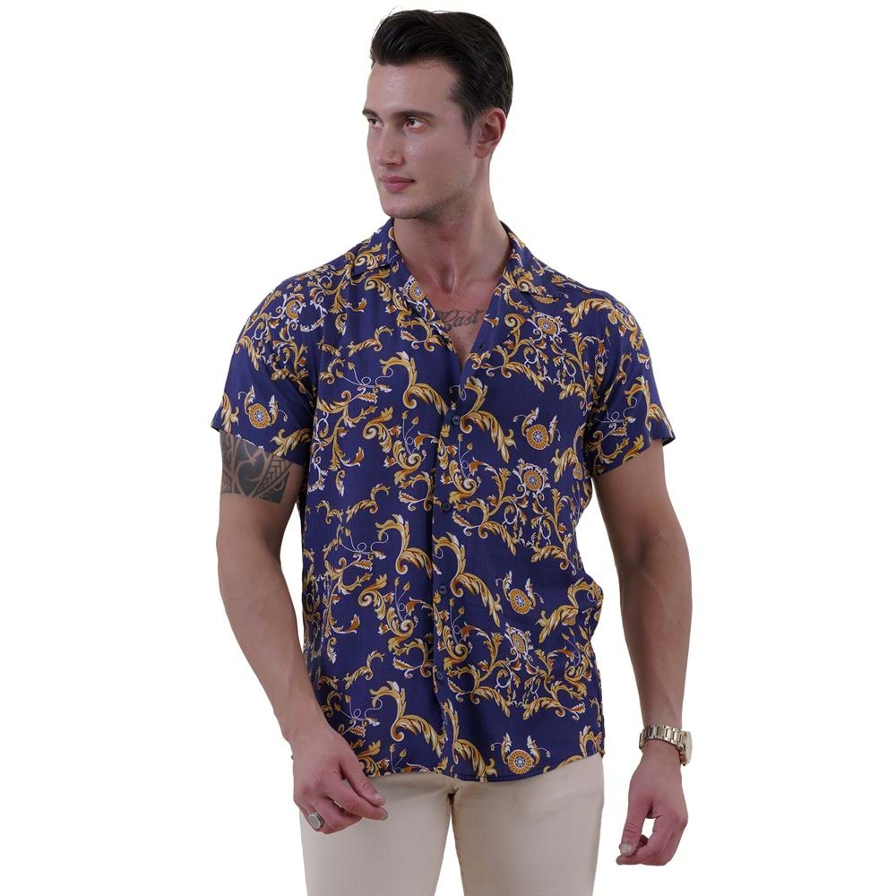 Blue Gold Paisley Digital Print Viscose Camp Collar Men's Short Sleeves Shirt