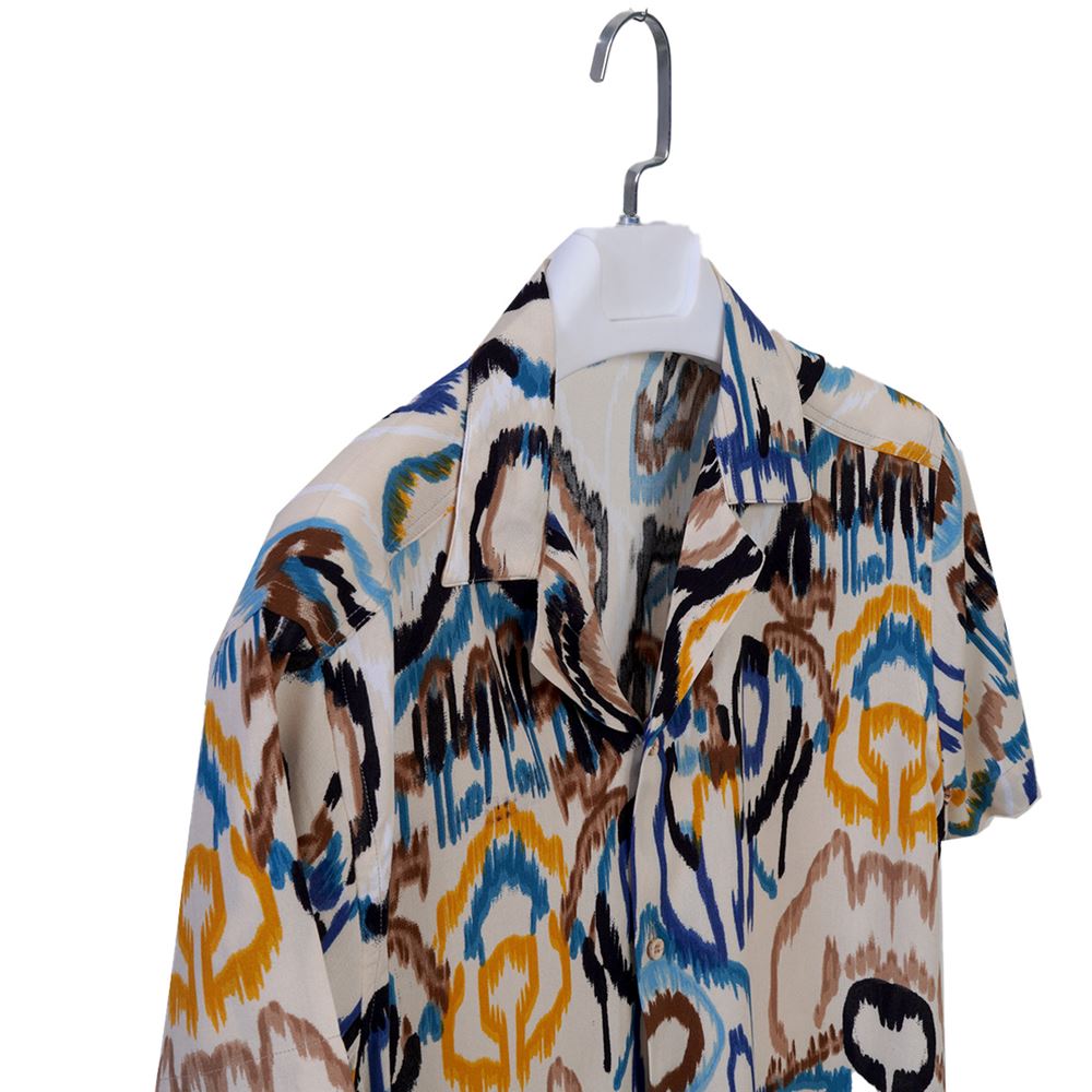 Cream Colorful Brush Pen Print Viscose Camp Collar Men's Short Sleeves Shirt