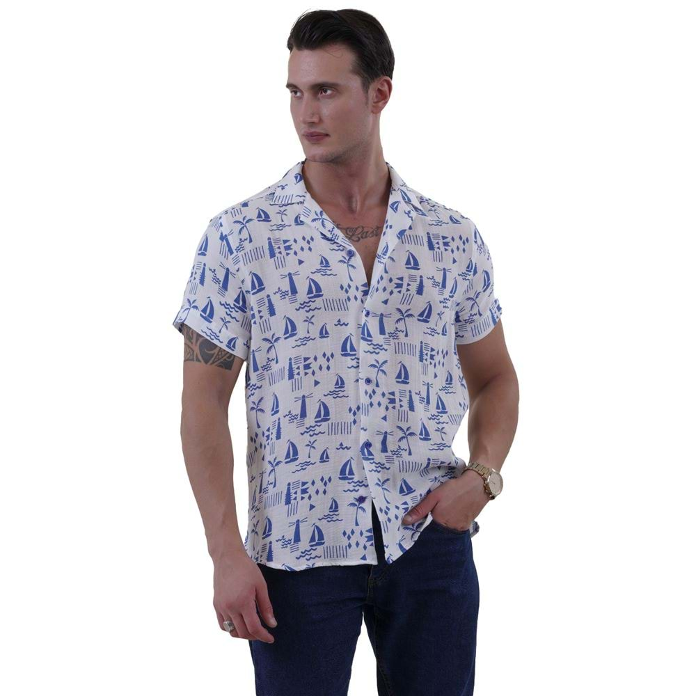 White Blue Ship Digital Print Camp Collar Men's Short Sleeves Shirt