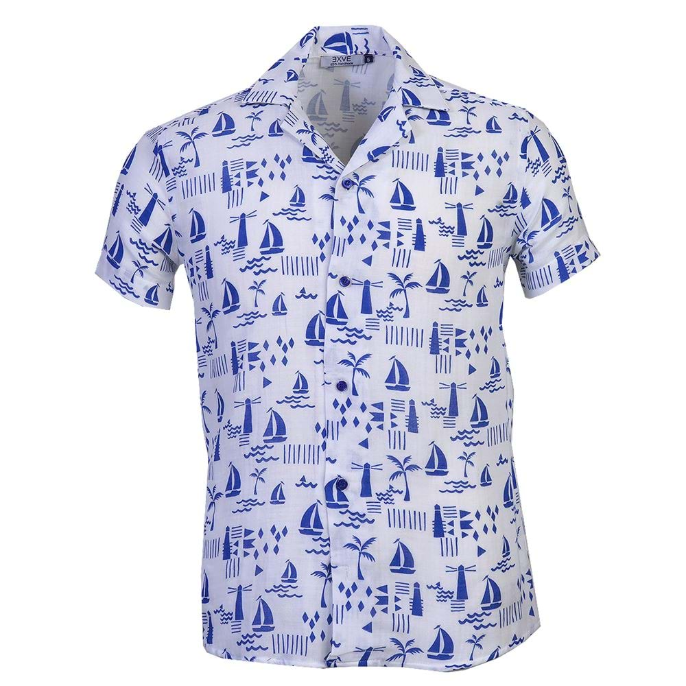 White Blue Ship Digital Print Camp Collar Men's Short Sleeves Shirt