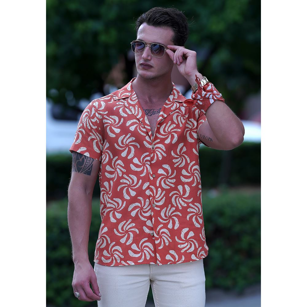 Orange and Beige Floral Men's Hawaiian Summer Shirt