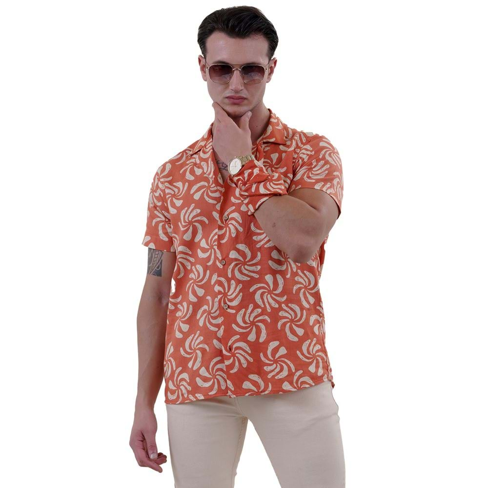 Orange and Beige Floral Men's Hawaiian Summer Shirt