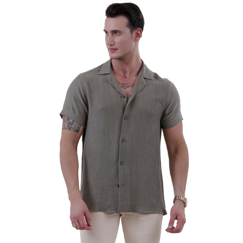 Khaki Muslin Cotton Striped Men's Hawaiian Summer Shirt