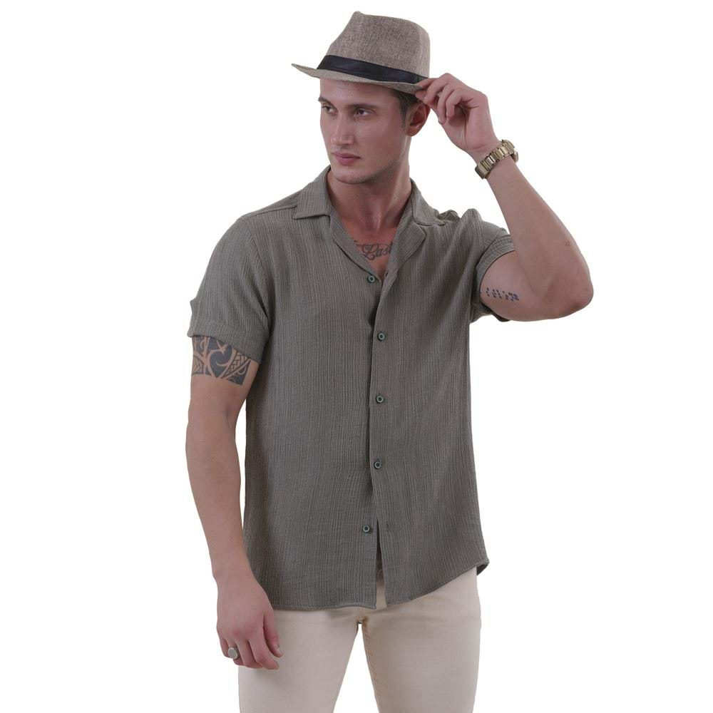 Khaki Muslin Cotton Striped Men's Hawaiian Summer Shirt