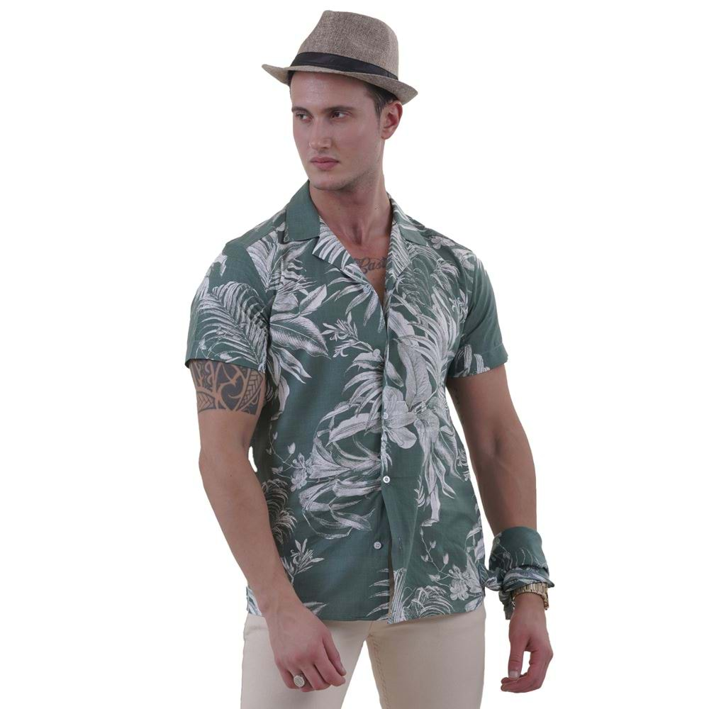 Khaki Green with Palm Trees Men's Hawaiian Summer Shirt