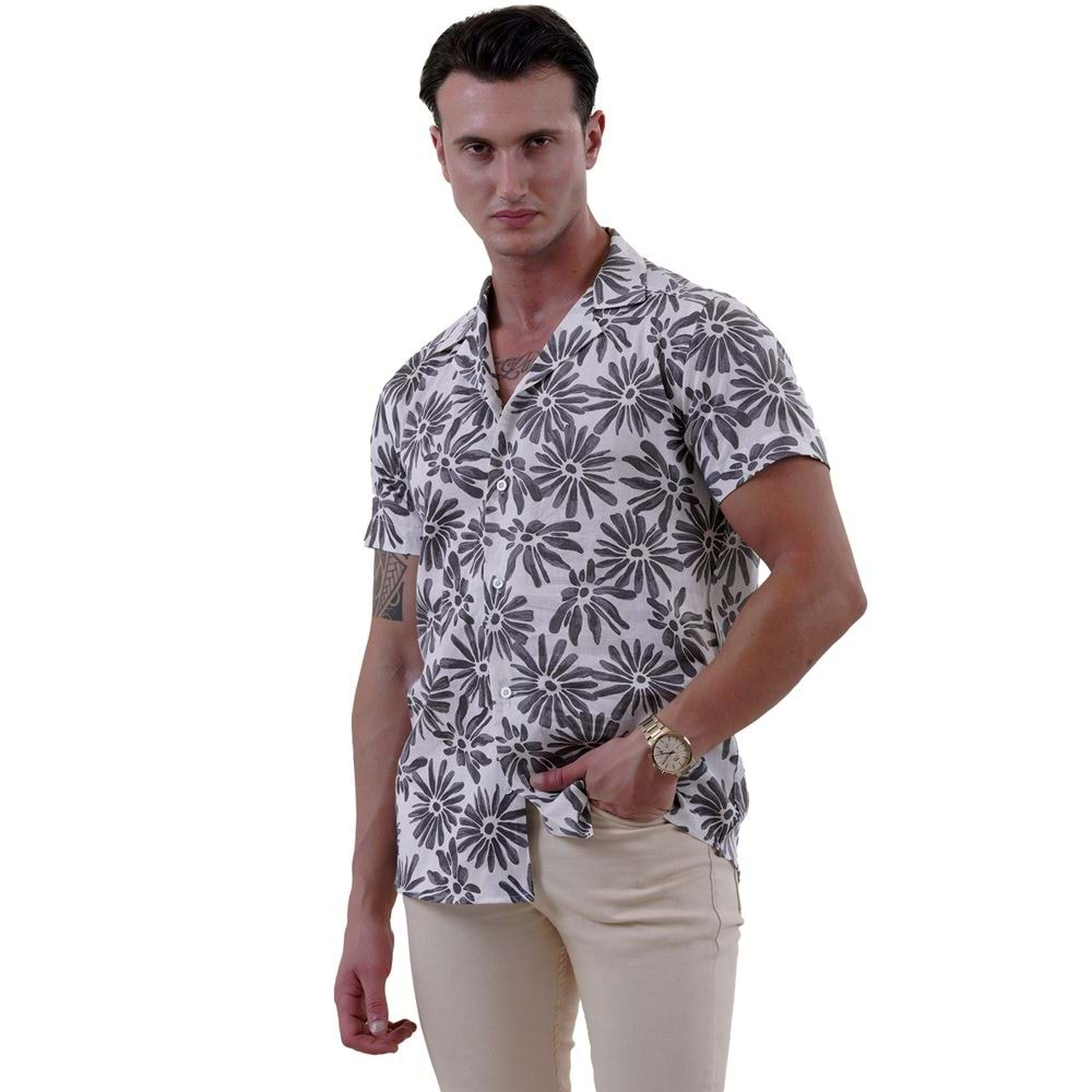 Black Floral on White Men's Hawaiian Summer Shirt