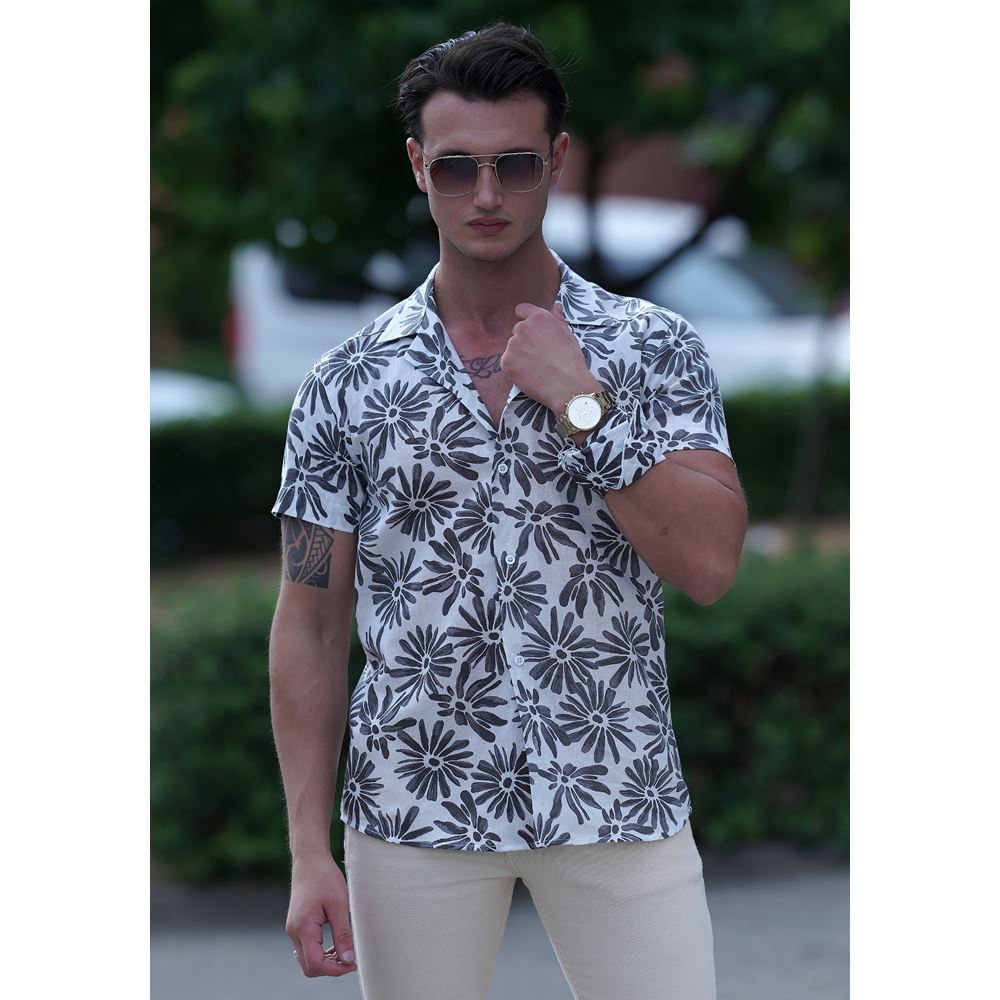 Black Floral on White Men's Hawaiian Summer Shirt