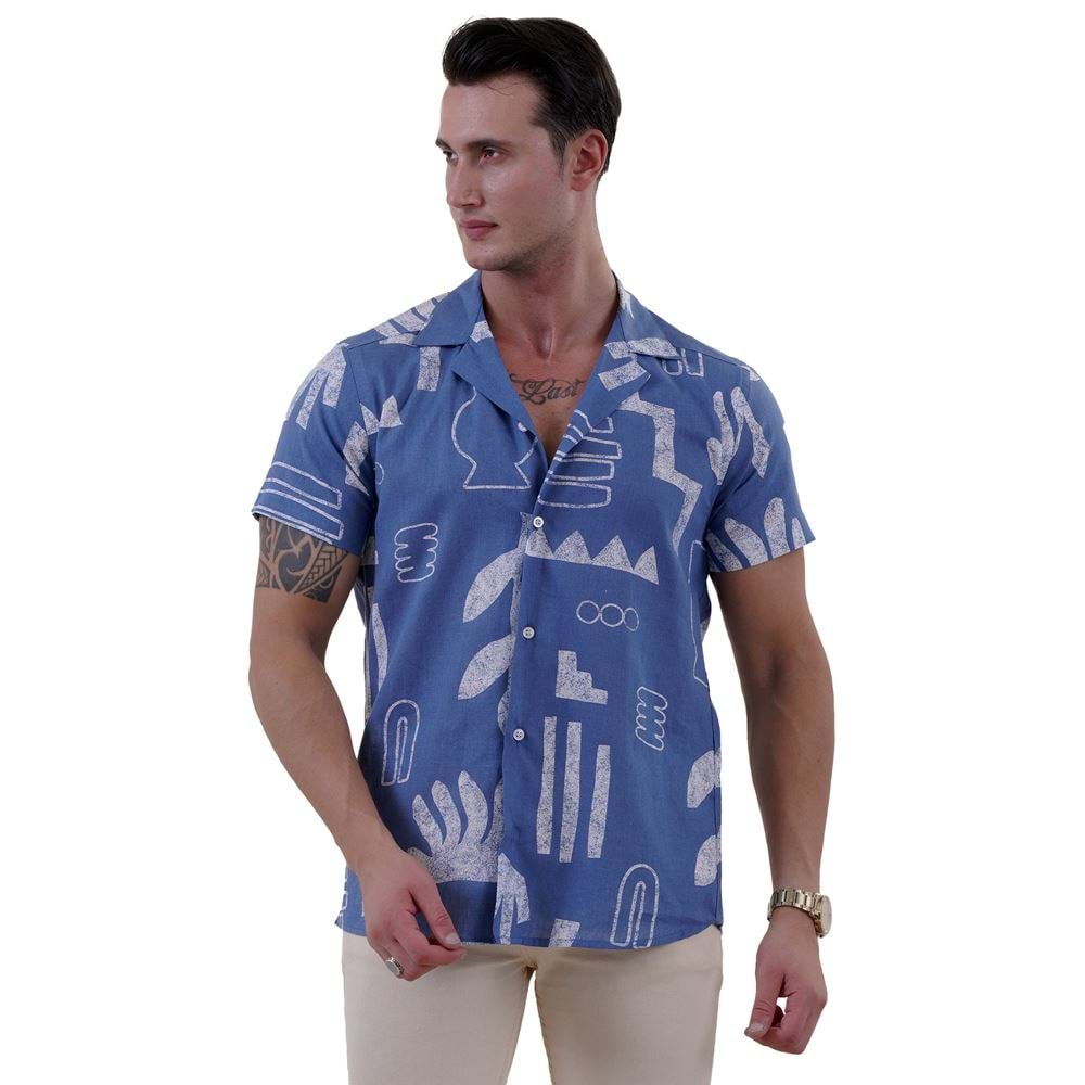 Blue White Ethnic Men's Hawaiian Summer Shirt