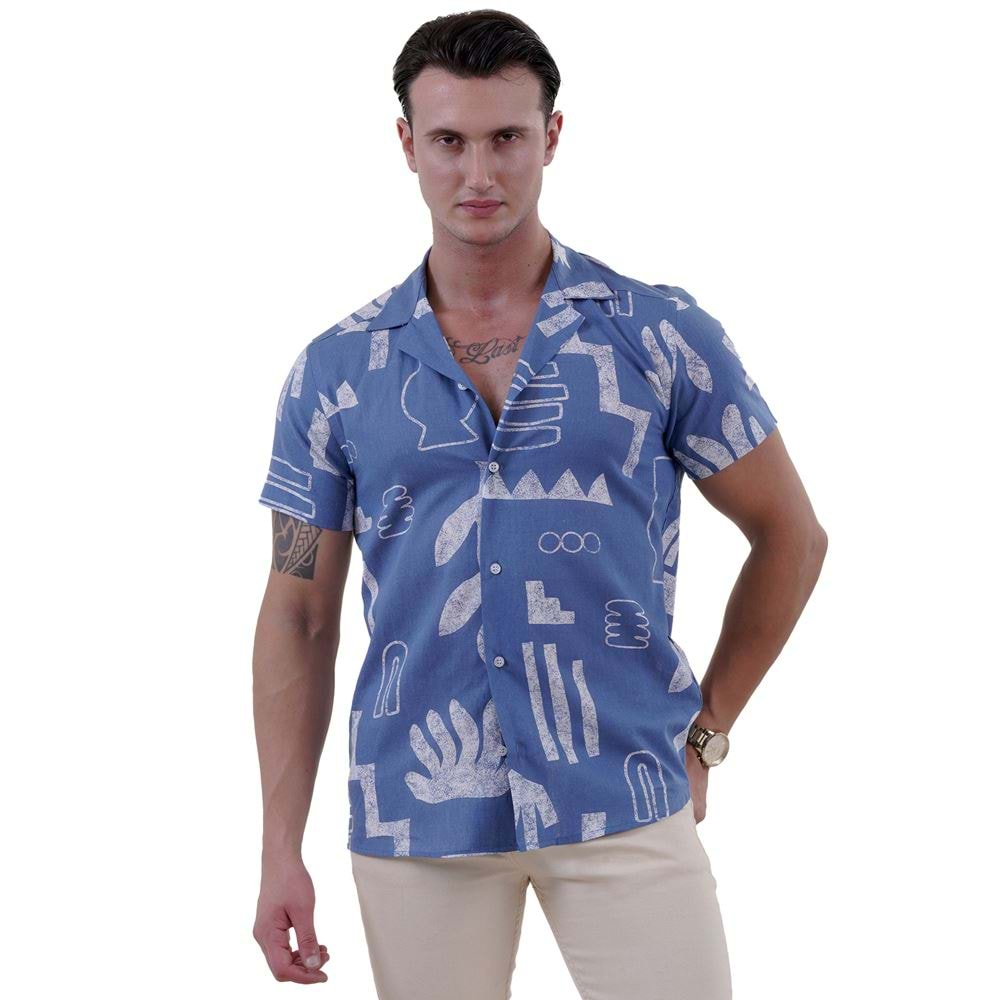 Blue White Ethnic Men's Hawaiian Summer Shirt