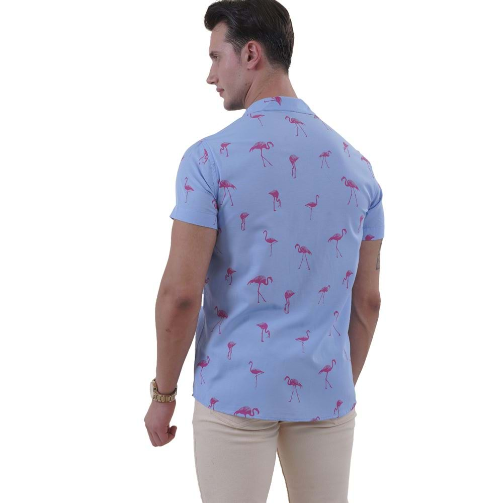 Blue and Pinkish Flamengo Men's Hawaiian Summer Shirt