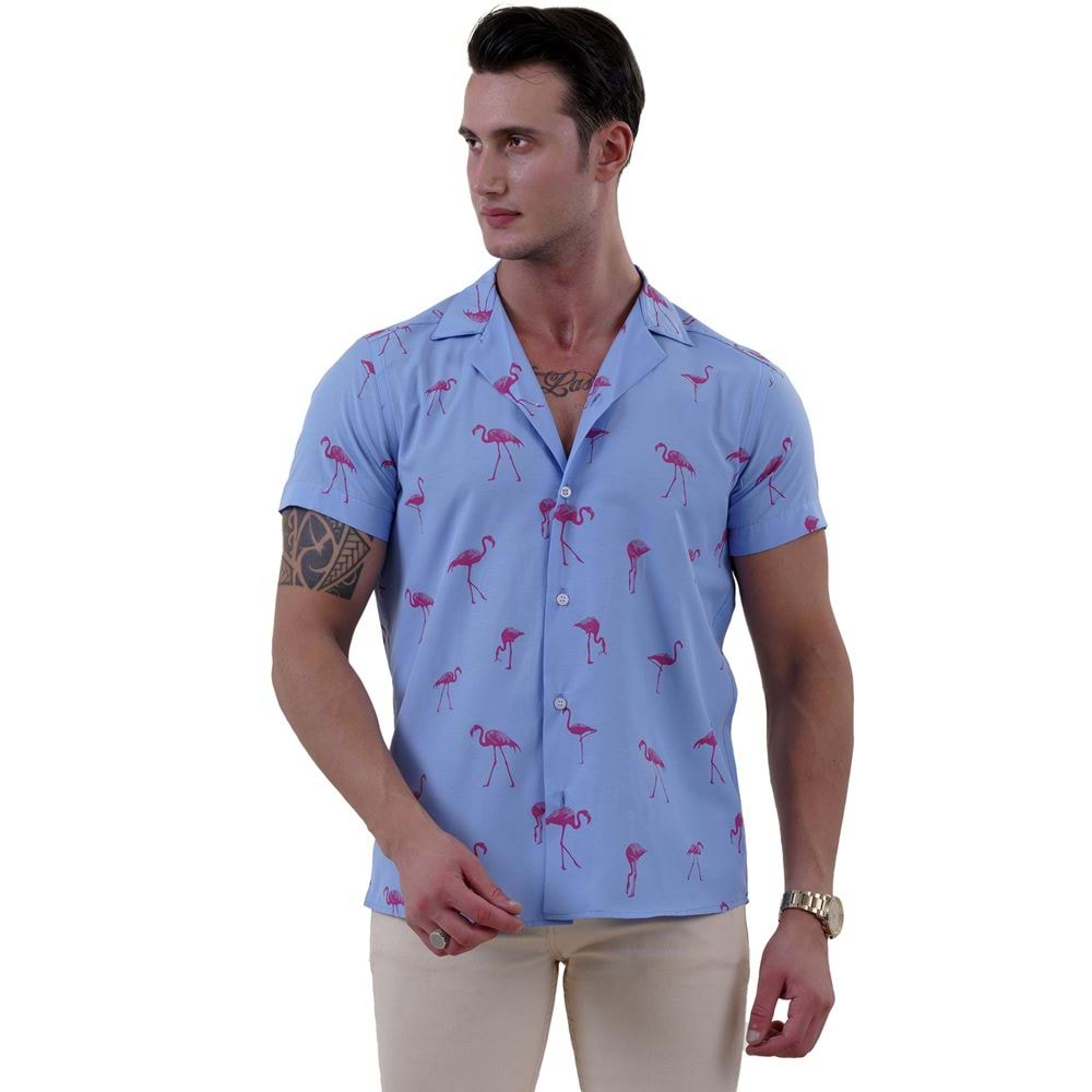 Blue and Pinkish Flamengo Men's Hawaiian Summer Shirt