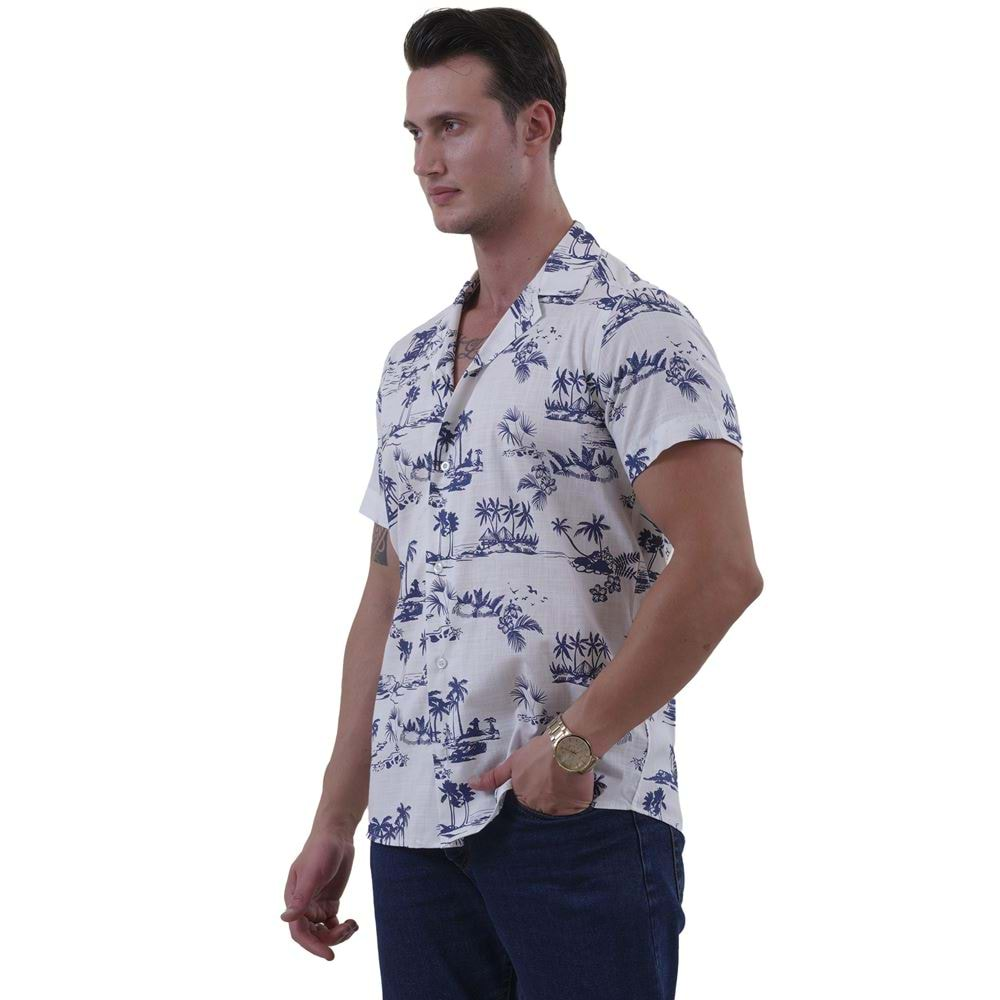 White with Navy Palm Trees Men's Hawaiian Summer Shirt