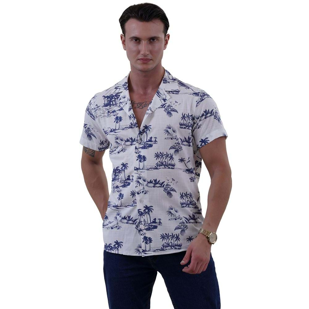 White with Navy Palm Trees Men's Hawaiian Summer Shirt