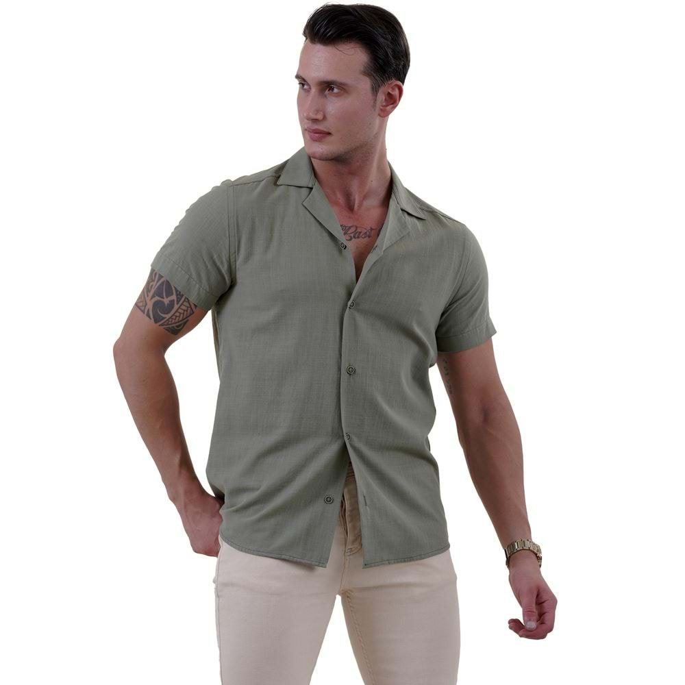 Khaki Green Linen Men's Hawaiian Summer Shirt