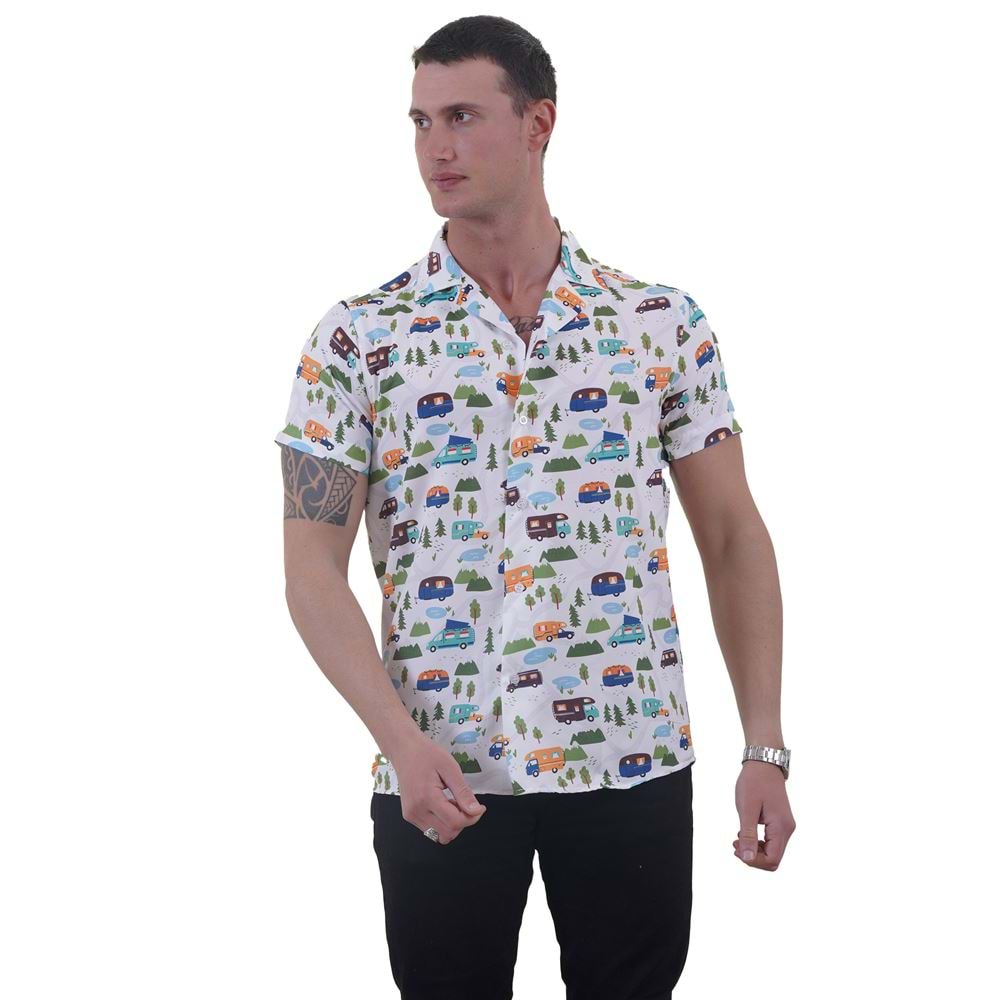 Colorful Camper Nature Printed Men's Hawaiian Summer Shirt