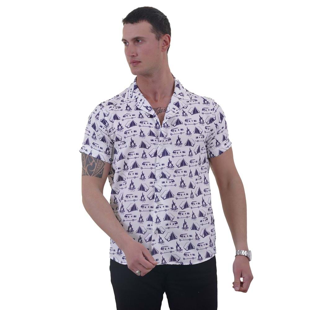 Navy White Camper Nature Printed Men's Hawaiian Summer Shirt