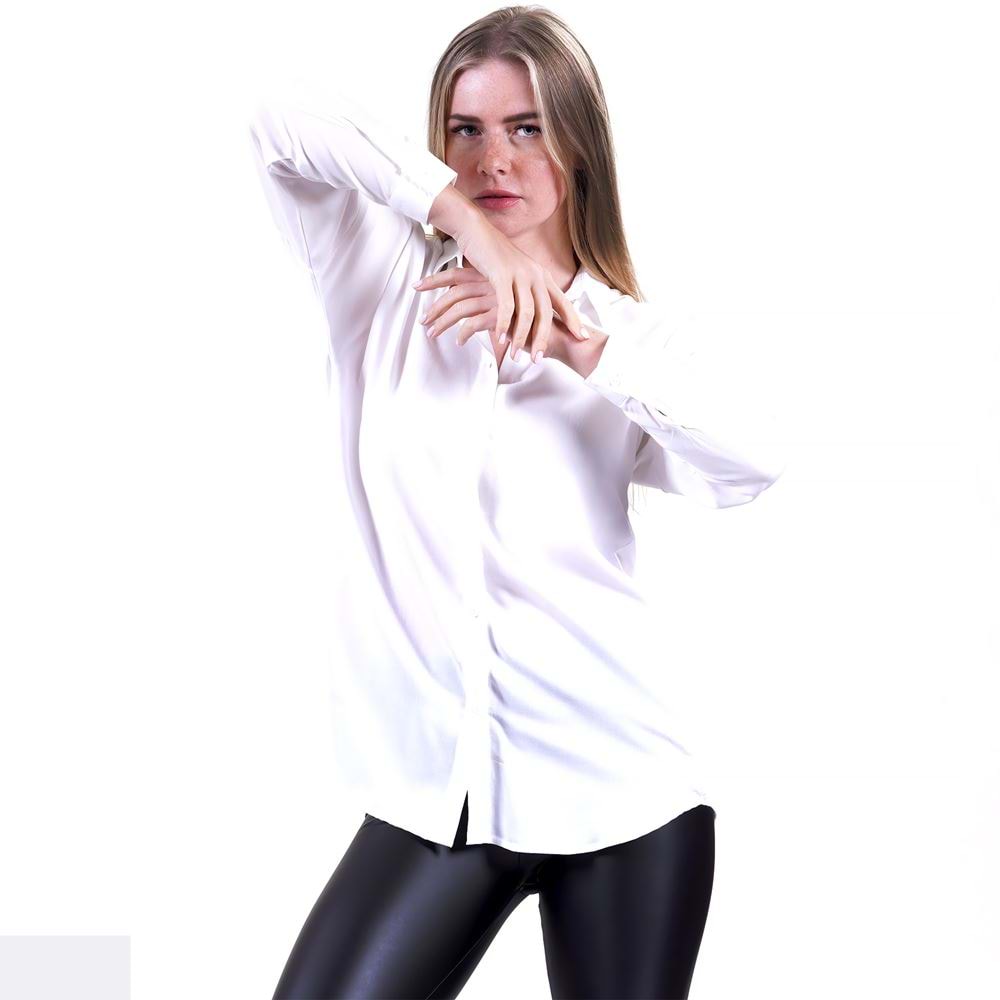 White Solid Monocolor Viscose Women's Long Shirt