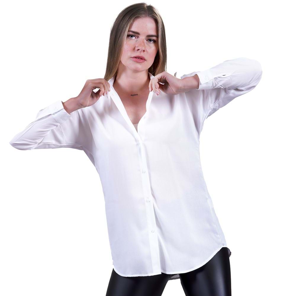 White Solid Monocolor Viscose Women's Long Shirt