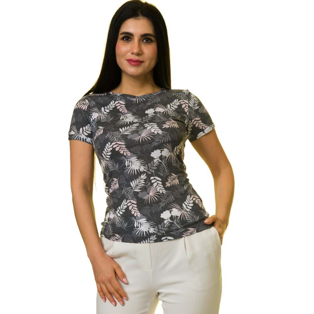 Gray White Floral Women Tee O Neck T-Shirt