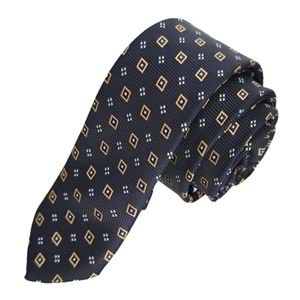 Gold Checkered Jacquard Woven Slim Fashion Slim Tie on Navy Blue