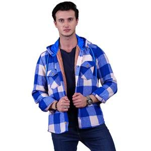 Sky Blue Beige Checkered Men's Fur Lined Jacket Shirt