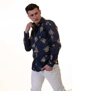 Navy Gold Floral Printed Cotton Men's Shirt
