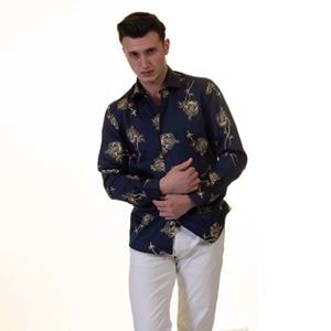 Navy Gold Floral Printed Cotton Men's Shirt