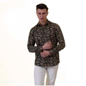 Navy Gold Leopard Printed Printed Cotton Men's Shirt