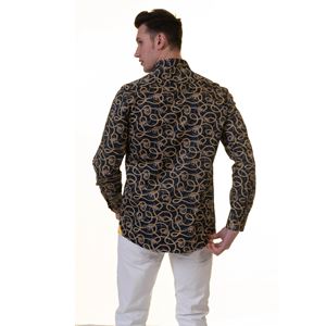 Navy Gold Leopard Printed Printed Cotton Men's Shirt