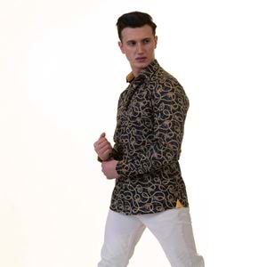 Navy Gold Leopard Printed Printed Cotton Men's Shirt