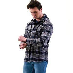 Navy Gray Plaid Double Pockets Wool Men's Hooded Shirt