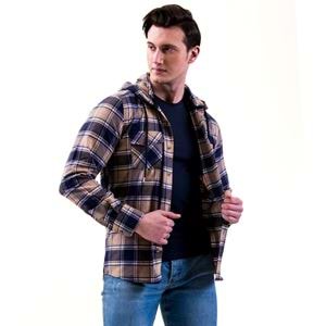 Golden and Blue Plaid Double Pockets Wool Men's Hooded Shirt