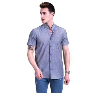 Gray Striped Linen Men's Mandarin Neck Shirt