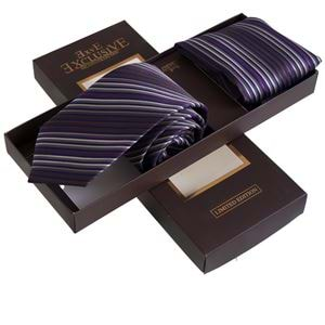 Purple Brown Striped Tie and Pocket Square Set in Box