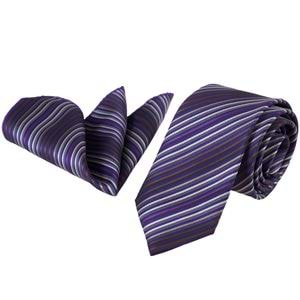 Purple Brown Striped Tie and Pocket Square Set in Box