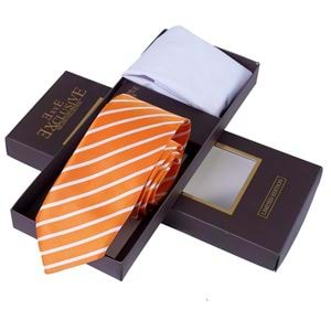 Orange White Striped Tie and Pocket Square Set in Box