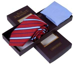 Red Blue Striped Tie and Pocket Square Set in Box