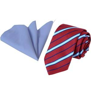 Red Blue Striped Tie and Pocket Square Set in Box