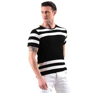 Black White Striped Cotton Viscose Tee O Neck T-Shirt