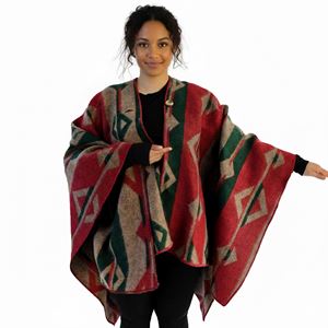 Green Beige Red Unisex Ethnic Camper Poncho