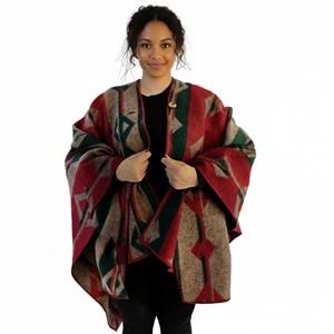 Green Beige Red Unisex Ethnic Camper Poncho