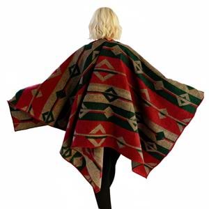Green Beige Red Unisex Ethnic Camper Poncho