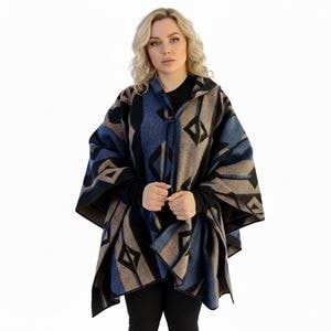 Blue Beige Black Hooded Unisex Ethnic Camper Poncho