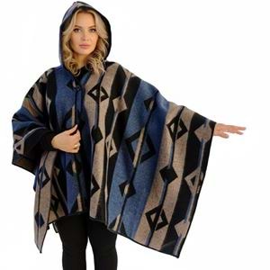 Blue Beige Black Hooded Unisex Ethnic Camper Poncho