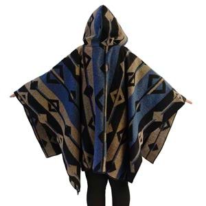 Blue Beige Black Hooded Unisex Ethnic Camper Poncho