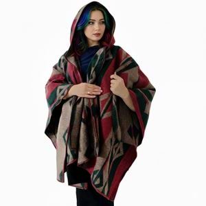 Green Beige Red Hooded Unisex Ethnic Camper Poncho