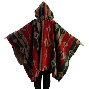 Green Beige Red Hooded Unisex Ethnic Camper Poncho