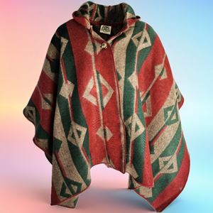 Green Beige Red Hooded Unisex Ethnic Camper Poncho