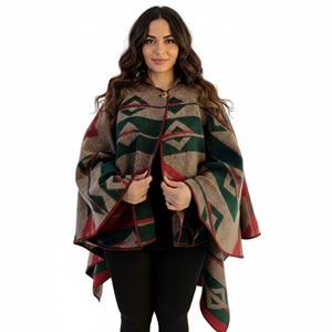 Green Beige Red Hooded Unisex Ethnic Camper Poncho